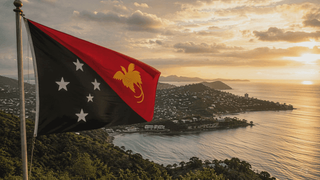 Papua New Guinea flag fluttering over coastal village at sunset