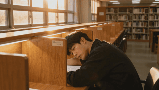 도서관 자습 열람실에서 졸고 있는 젊은 남성