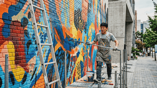 Artist painting a colorful mural on a wall