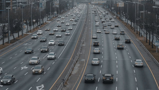 여러 차선의 교통이 있는 번잡한 고속도로