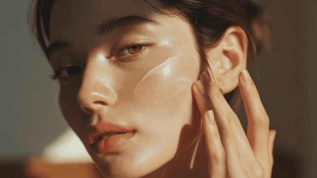 얼굴에 크림을 바르는 백인 여성