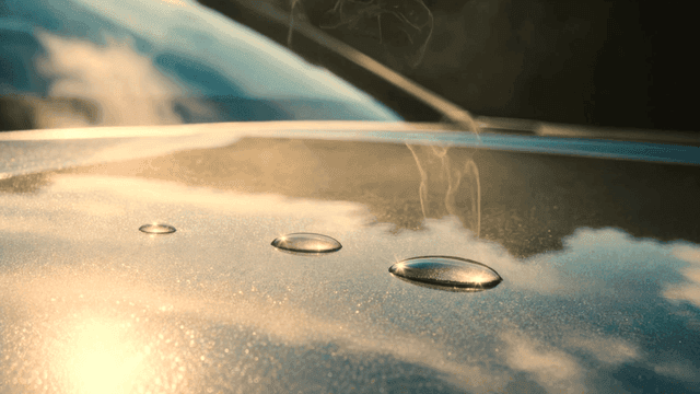 Water droplets on steaming car hood