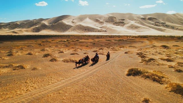 Camel Caravan Winding Through Desert Landscape