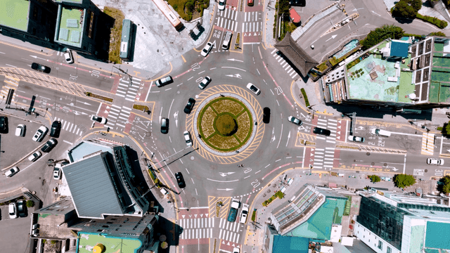 Aerial view of a busy urban roundabout