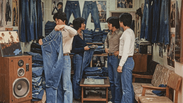 Young people in 80s shopping for jeans at store