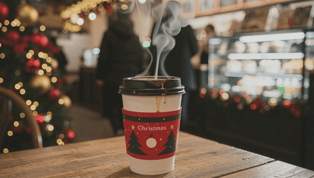크리스마스 분위기의 카페에서 김이 나는 커피 컵