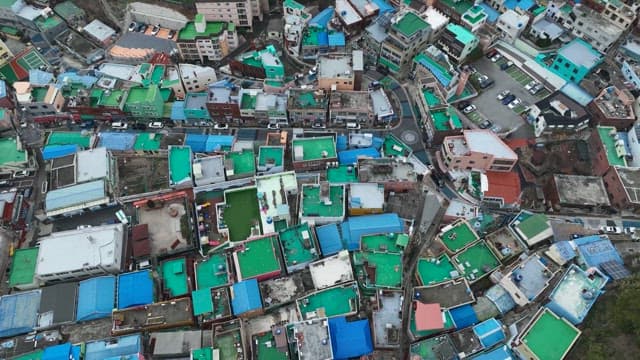 Colorful rooftops in a dense urban area