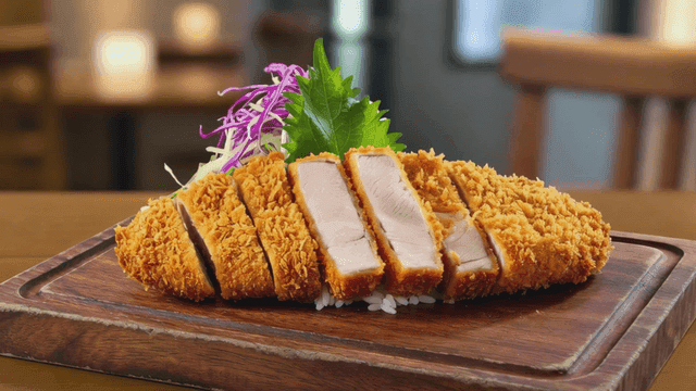 Crispy tonkatsu on a wooden board