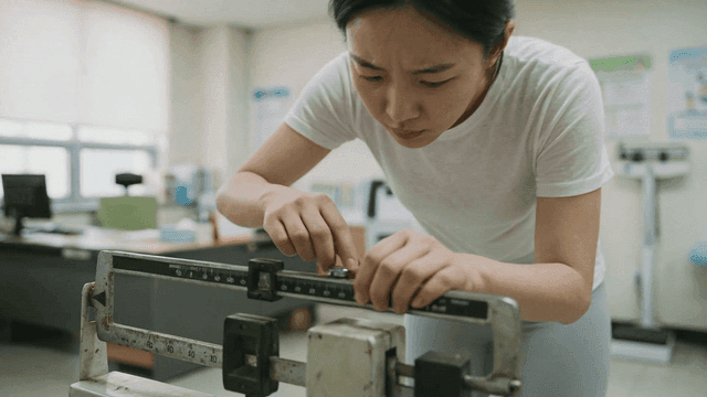 Woman adjusting scales