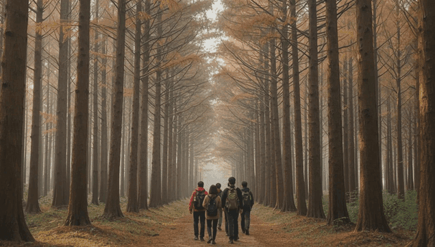 People walking through a serene forest path