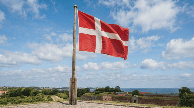 Danish flag fluttering on hill and scenery