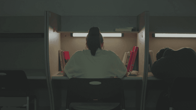 어두운 도서관에서 공부하는 학생들 뒷모습