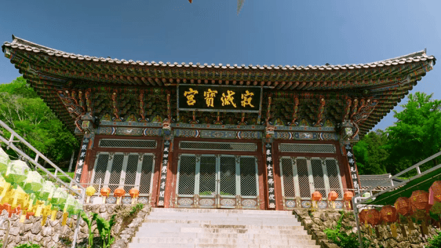 Traditional Korean temple with lanterns