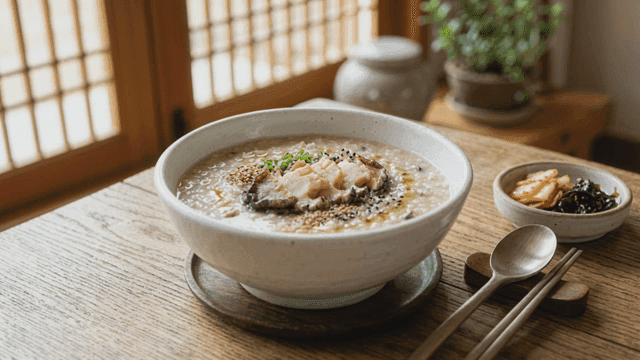 Abalone porridge with side dishes on a table