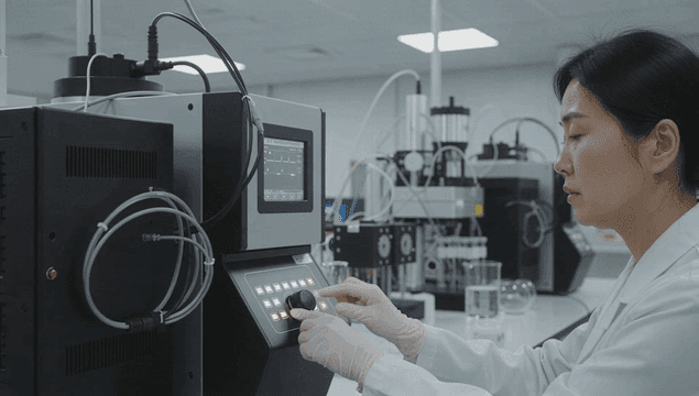 실험실에서 실험 기계장비를 조작하는 여성 과학자