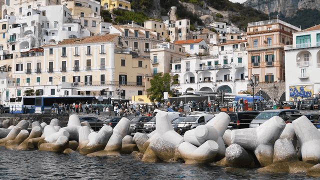 Coastal city with vibrant buildings