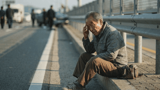 Wounded old man sitting by roadside