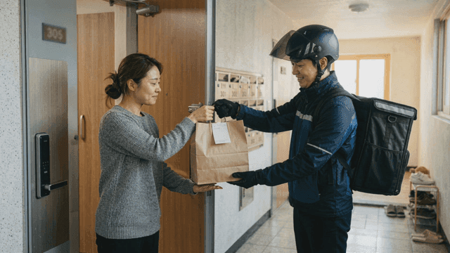 Delivery person handing woman delivery food at apartment door