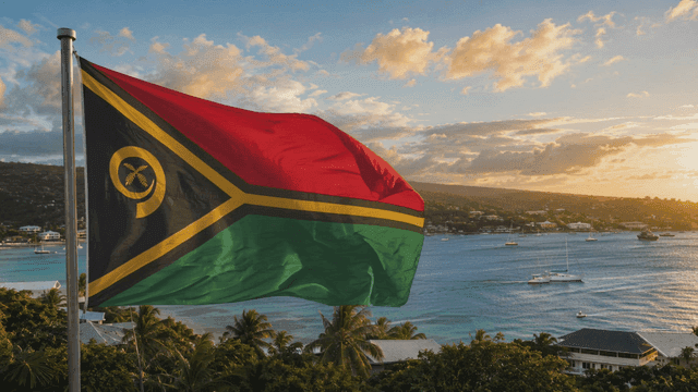 Vanuatu flag fluttering on seashore at sunset