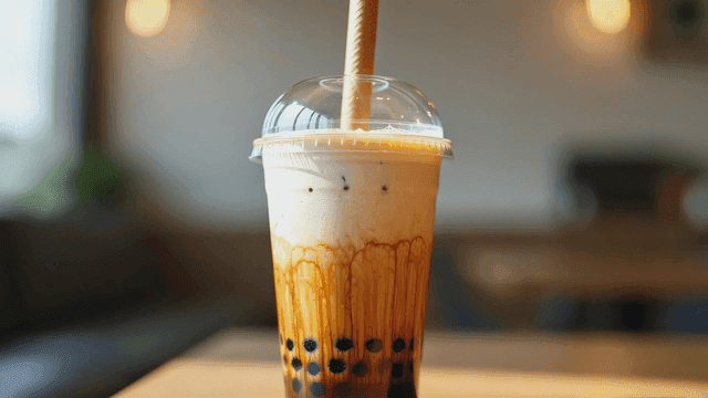 테이블 위의 흑당 버블티 한 잔