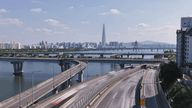 Bustling city with bridges and high-rise buildings