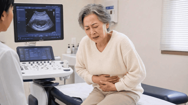 Elderly woman clutching her stomach in hospital