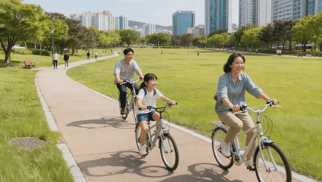 Family riding bicycles in the city park