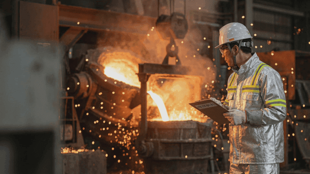 Worker inspecting molten metal in a factory