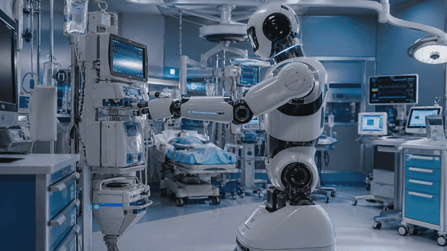 A robot operating medical equipment in a hospital