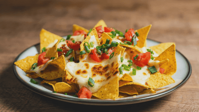 Plate of nachos topped with melted cheese and toppings