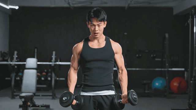 덤벨를 들어올려 팔운동을 하는 남성