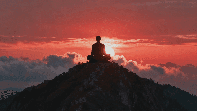 일출 시간 산 정상에서 명상하는 사람