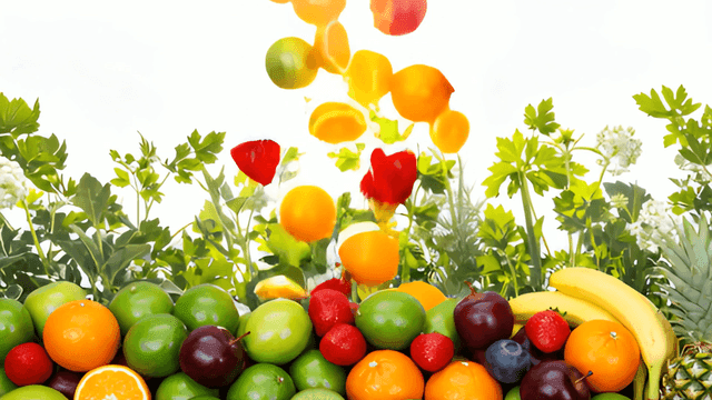 쏟아지는 신선한 과일과 녹색 식물 배경