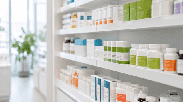 Pharmacy shelves displaying various medicine bottles