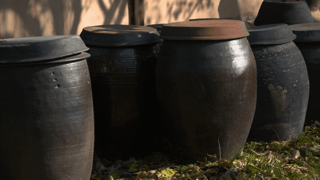 Traditional Korean jars in sunlight