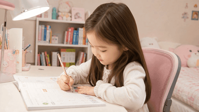 Girl sitting at desk studying alone