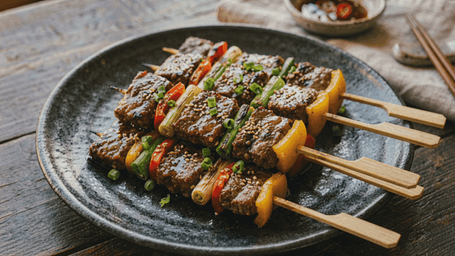 Beef skewers made by grilling beef and vegetables on skewer