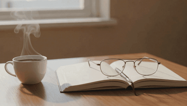 Cup of coffee and an open book on a table