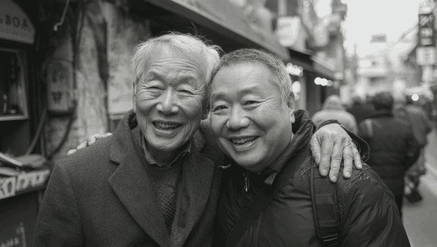 Two elderly friends smiling in a street
