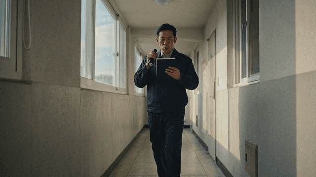 Security guard inspecting apartment hallway with flashlight