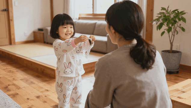 Girl showing her mother ribbon tied around her hair.