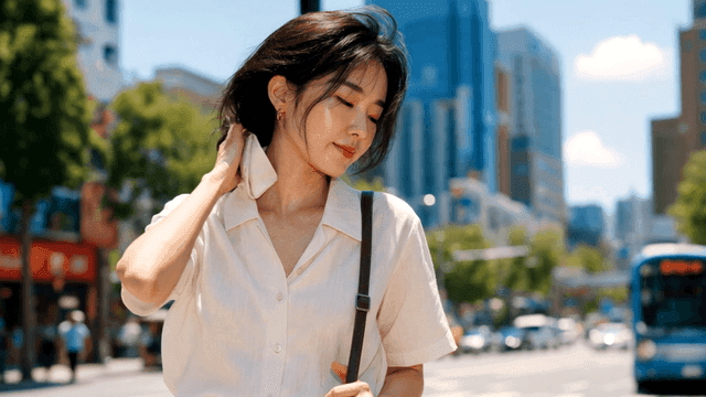 햇살이 내리쬐는 도시 거리에서 땀을 닦는 여성