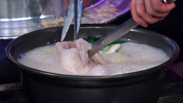 Chicken cut from boiling chicken hotpot