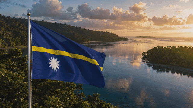 Flag of Republic of Nauru fluttering on tranquil coastline