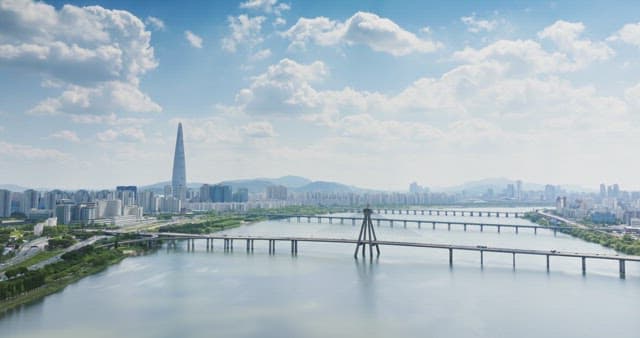 City view with bridge connecting Han River and city