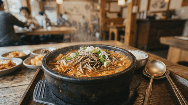 Side dishes and spicy beef soup at restaurant
