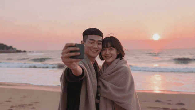 해변에서 셀카를 찍는 커플