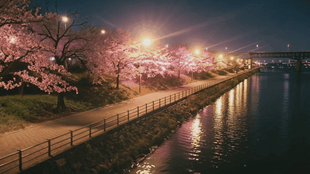 Cherry blossoms and river at night