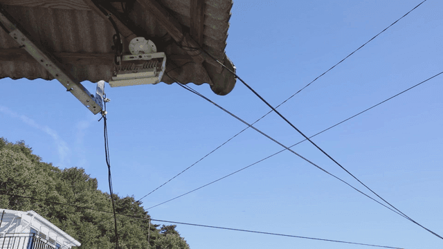 전선과 맑은 하늘이 보이는 처마