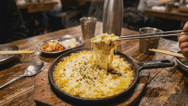 Corn cheese served on hot plate at restaurant